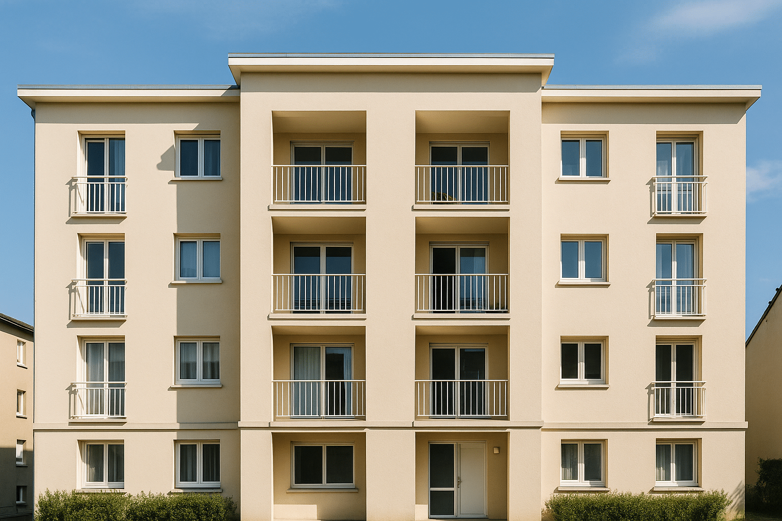 Immeuble résidentiel moderne et simple – façade claire avec balcons et fenêtres, environnement urbain calme, ciel bleu, entretien professionnel par OptimusClean