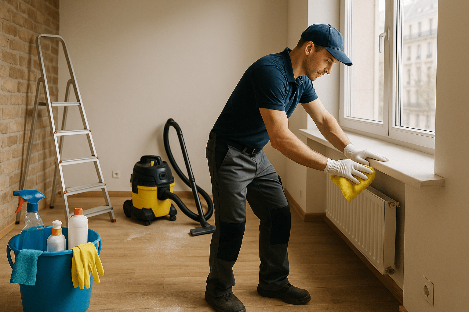 Un technicien OptimusClean nettoie minutieusement l’appui de fenêtre d’un appartement parisien fraîchement rénové. La lumière naturelle, les outils de nettoyage et la vue sur les immeubles parisiens symbolisent la qualité et le sérieux d’un service de nettoyage après travaux professionnel à Paris.