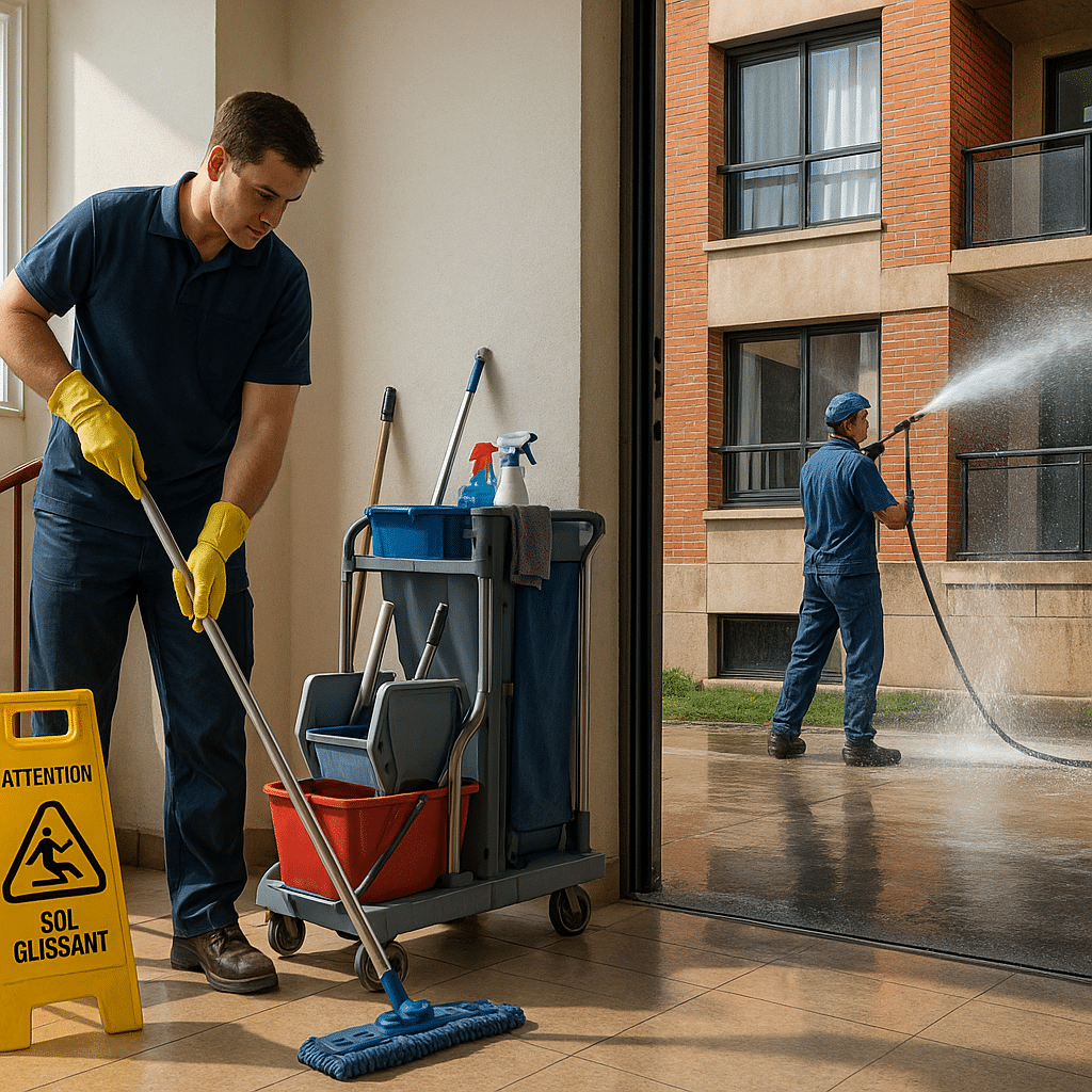 Agents de nettoyage d’immeuble à Paris – entretien des parties communes et nettoyage de façade par OptimusClean