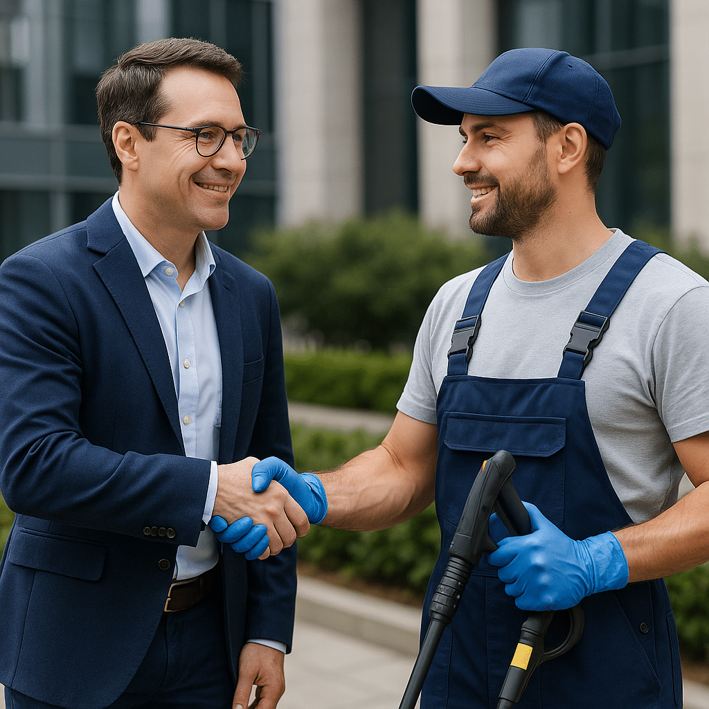 👉 Recrutement OptimusClean – partenariat entre apporteur d’affaires et agent de nettoyage Apporteur d’affaires et agent de nettoyage OptimusClean se serrant la main devant un immeuble à Paris