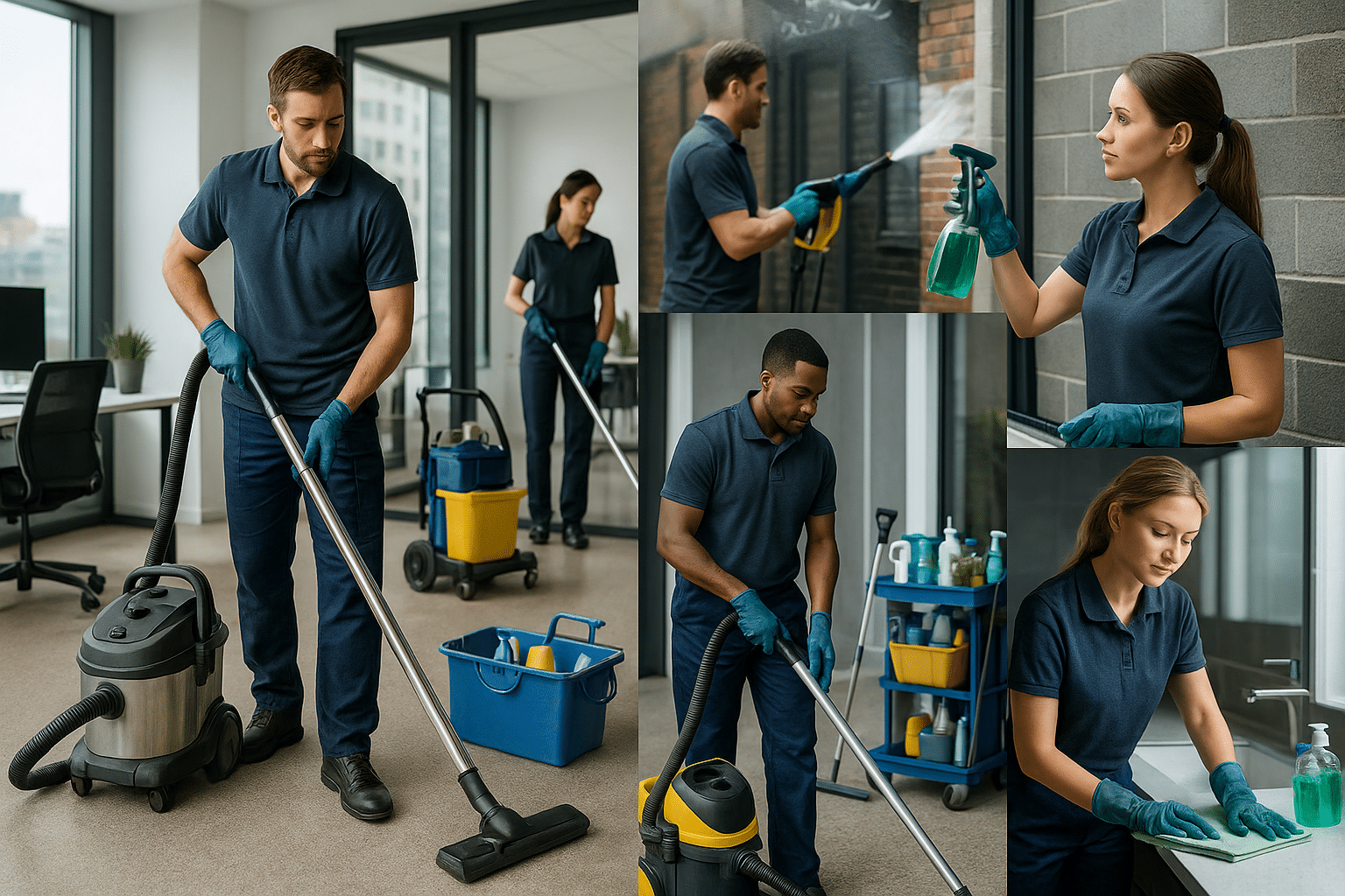 Équipe professionnelle en action – À propos d’OptimusClean Équipe de nettoyage OptimusClean en action pour illustrer la page À propos, présentant différents services professionnels dans plusieurs environnements.