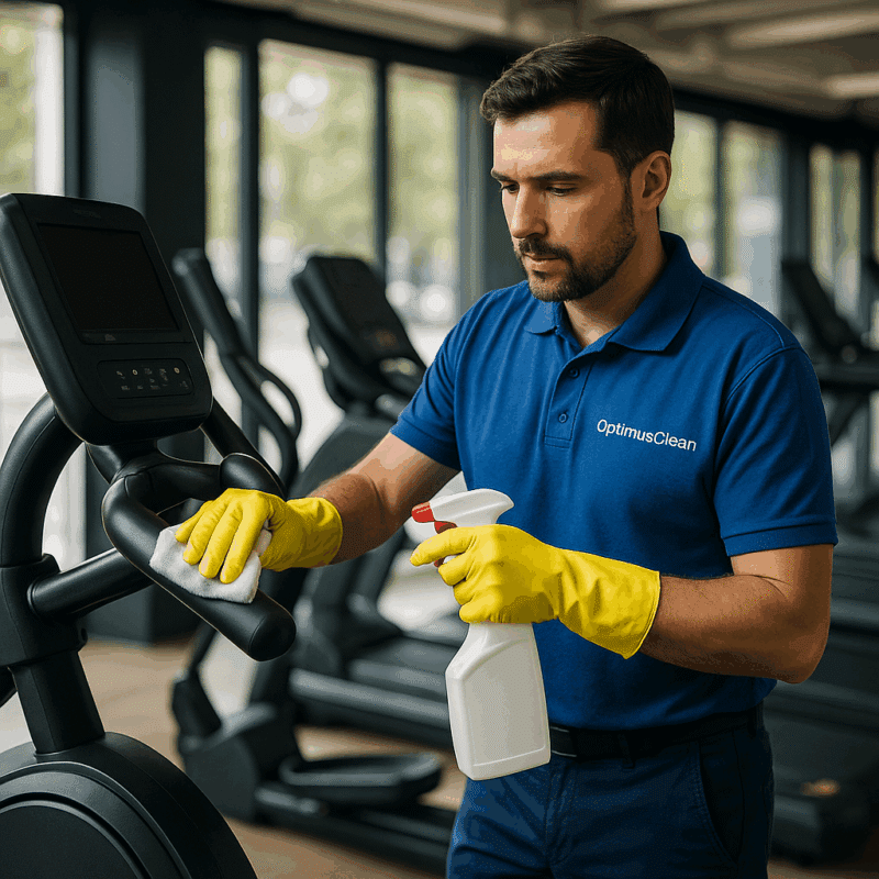 Agent OptimusClean effectuant le nettoyage de salles de sport sur un équipement de musculation à Paris