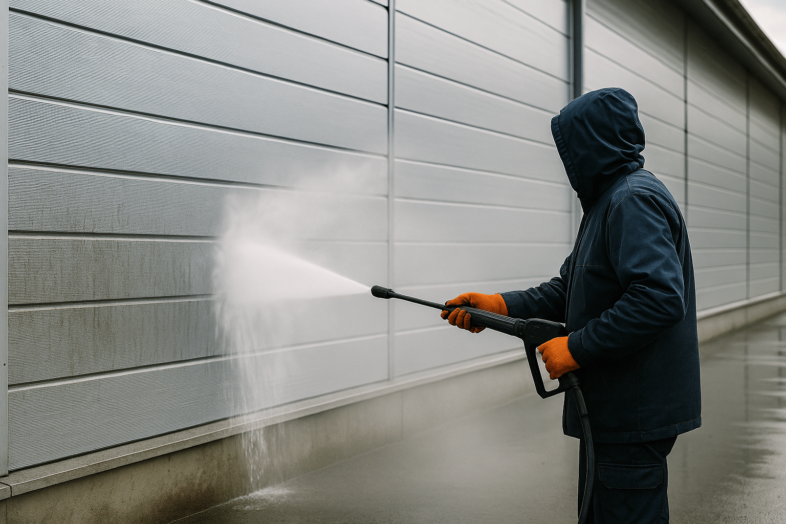 Technicien nettoyant un bardage extérieur avec une perche et un injecteur haute pression