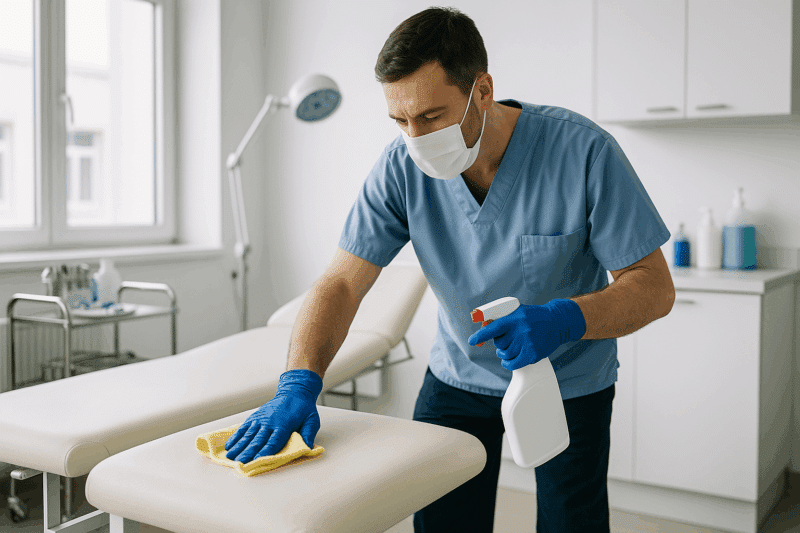 Nettoyage de la table d’examen dans un cabinet médical par un agent OptimusClean