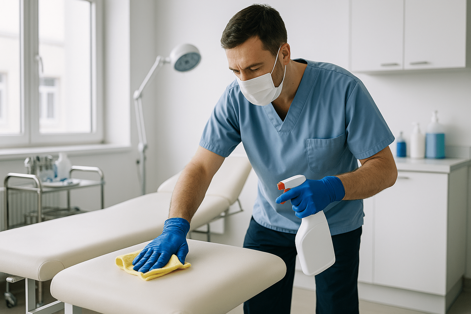 Nettoyage de la salle d’examen médicale Nettoyage de la table d’examen dans un cabinet médical par un agent OptimusClean