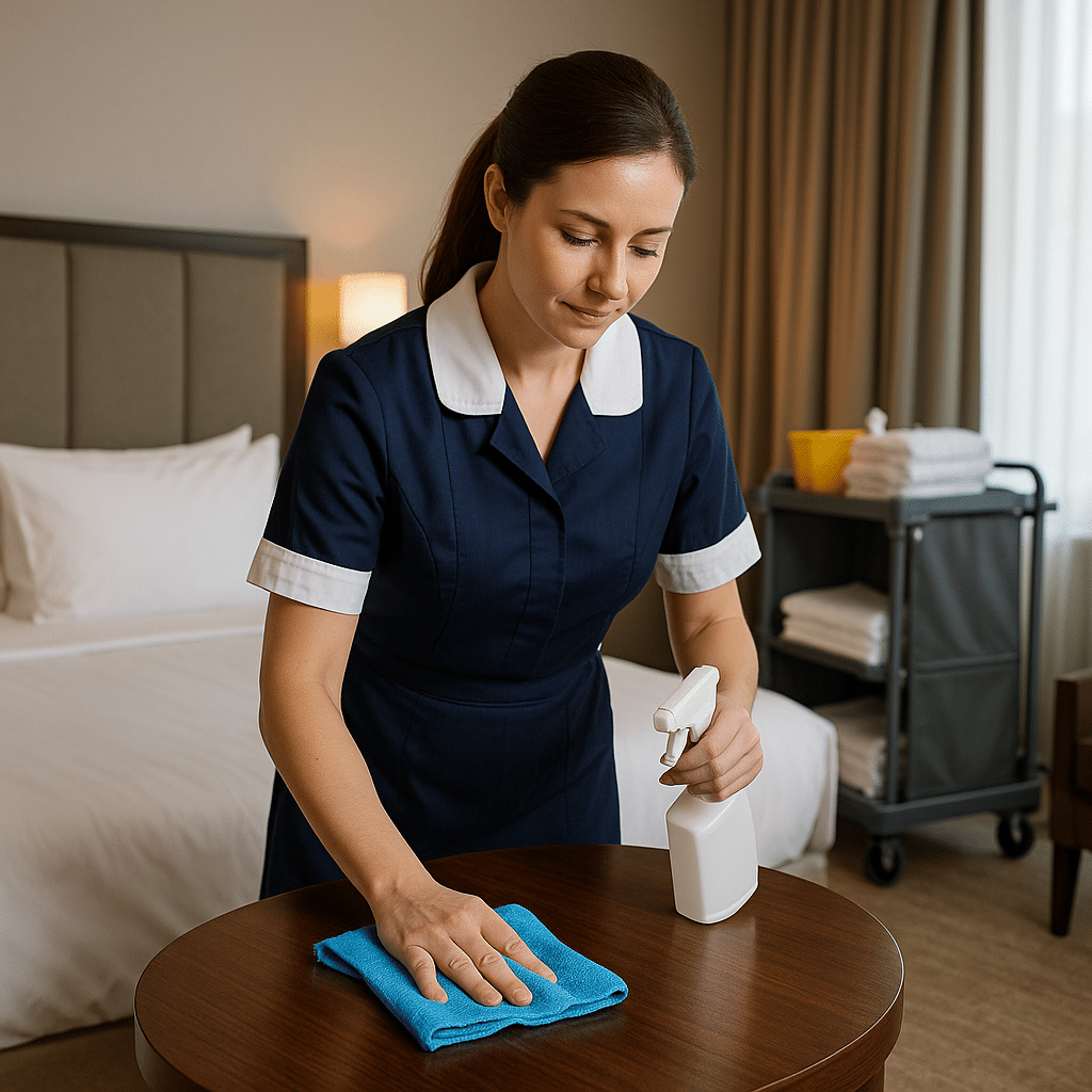 Femme de chambre OptimusClean préparant une chambre d’hôtel propre et lumineuse à Paris