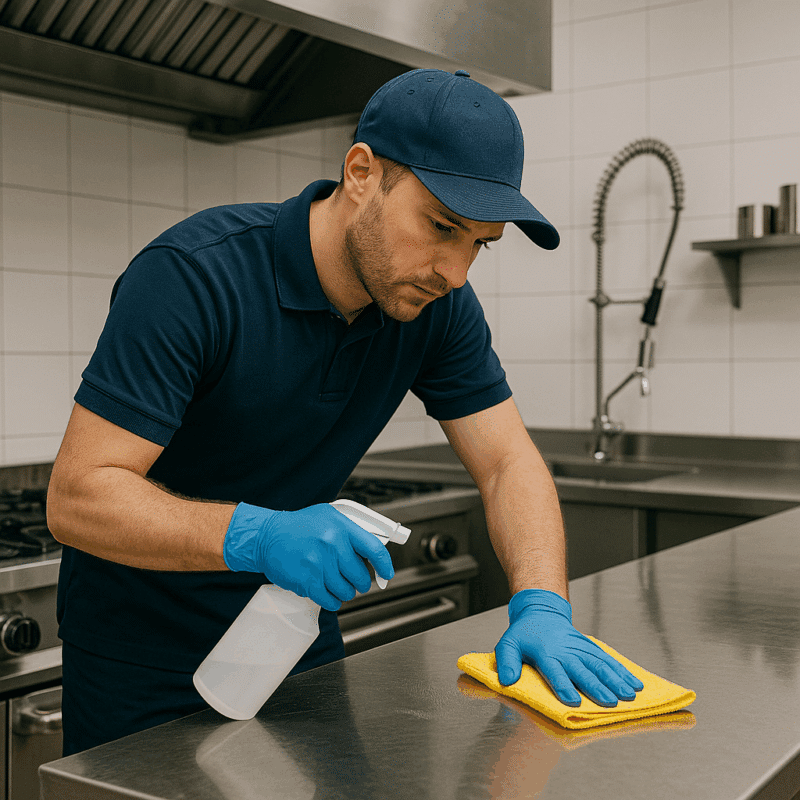 Agent OptimusClean nettoyant une cuisine professionnelle en inox dans un restaurant parisien