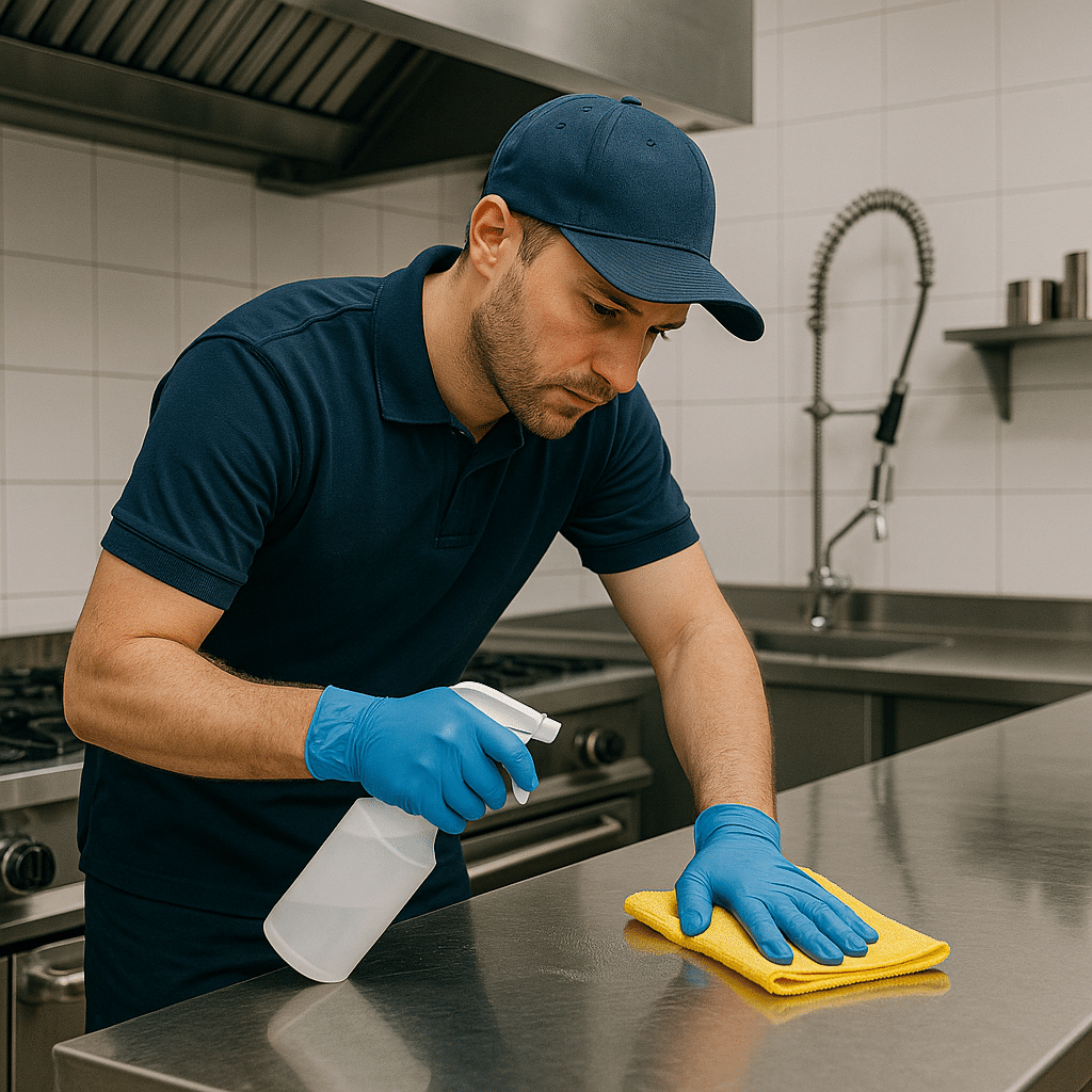 Agent OptimusClean nettoyant une cuisine professionnelle en inox dans un restaurant parisien