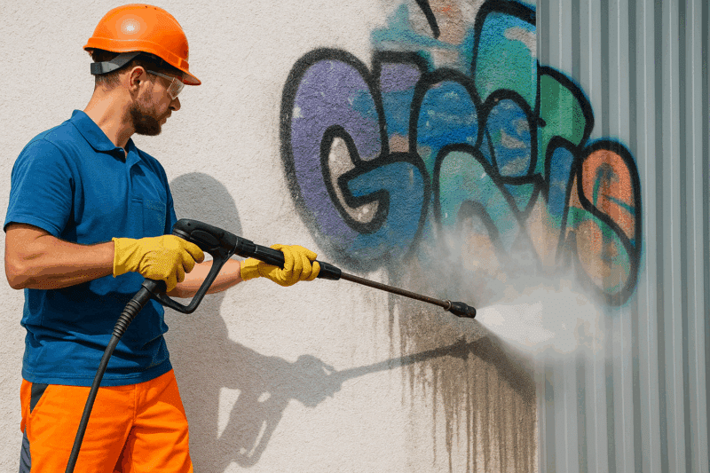 Travailleur réalisant un nettoyage de graffitis haute pression sur mur extérieur à Paris