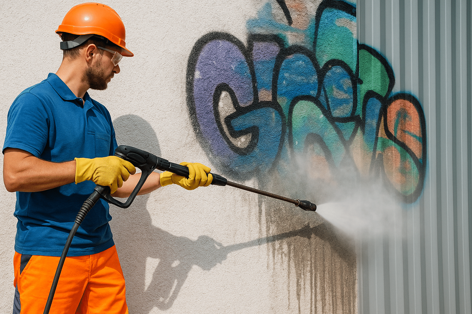 Nettoyage de graffitis haute pression sur façade à Paris Travailleur réalisant un nettoyage de graffitis haute pression sur mur extérieur à Paris