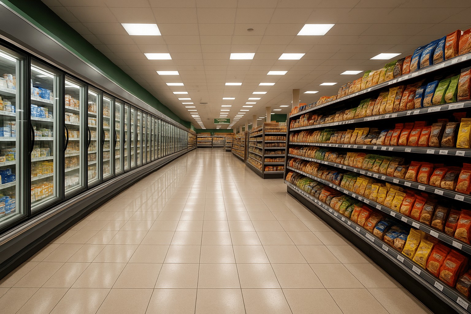 Nettoyage de grandes surfaces dans un supermarché moderne en Île-de-France.