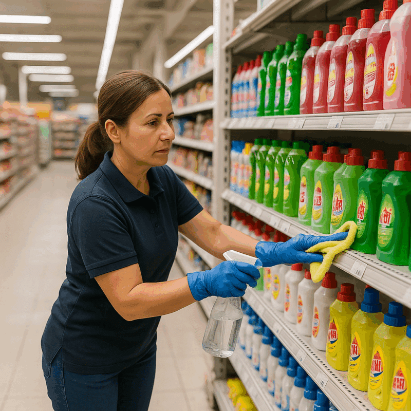 Agent de nettoyage professionnel essuyant les tablettes et rayonnages d’un supermarché.