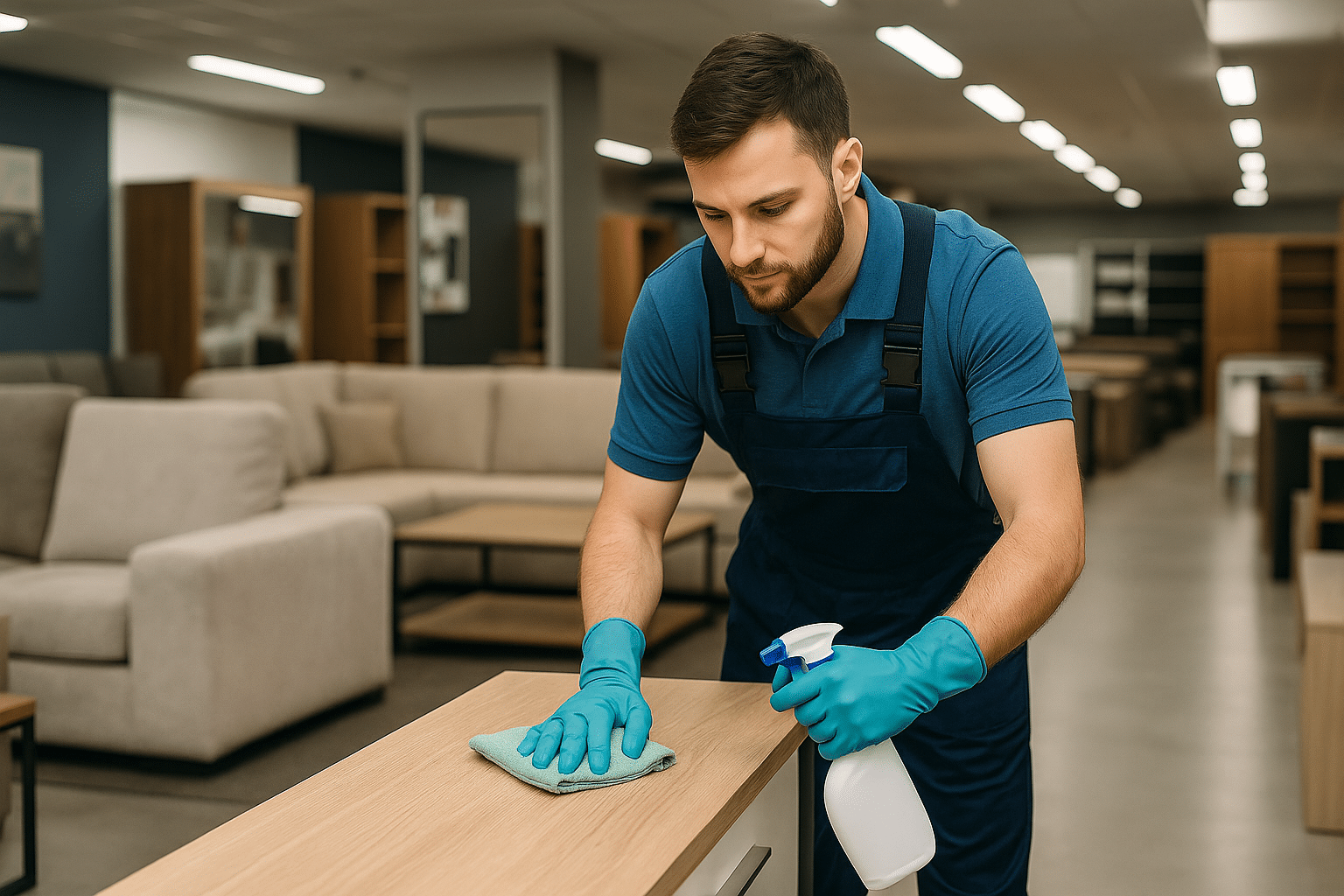 Nettoyage professionnel des meubles en grande surface – OptimusClean Agent de nettoyage professionnel entretenant les meubles d’exposition en grande surface.