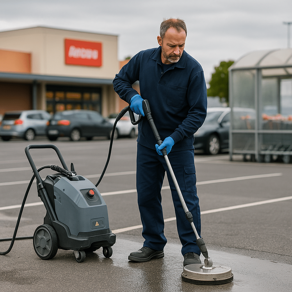 Nettoyage parking en grande surface Agent de nettoyage professionnel utilisant un nettoyeur haute pression sur le parking d’un supermarché.
