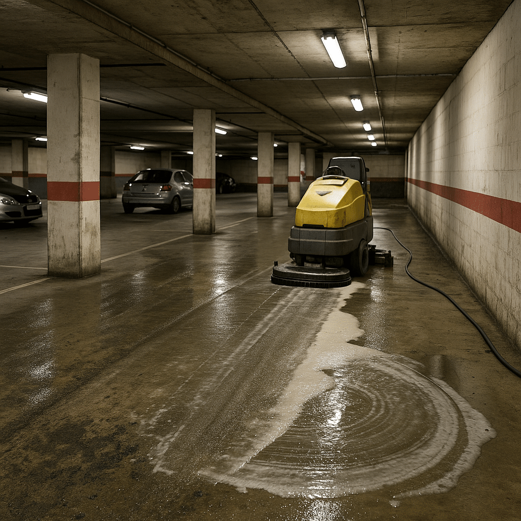 nettoyage de parking à Paris avec autolaveuse dans un garage souterrain