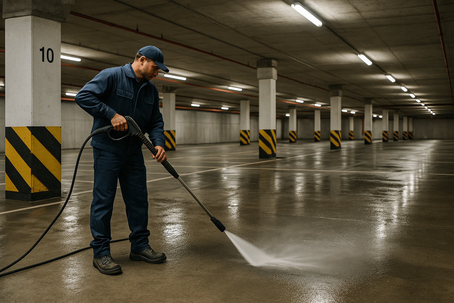 technicien réalisant un nettoyage de parking à Paris au jet haute pression
