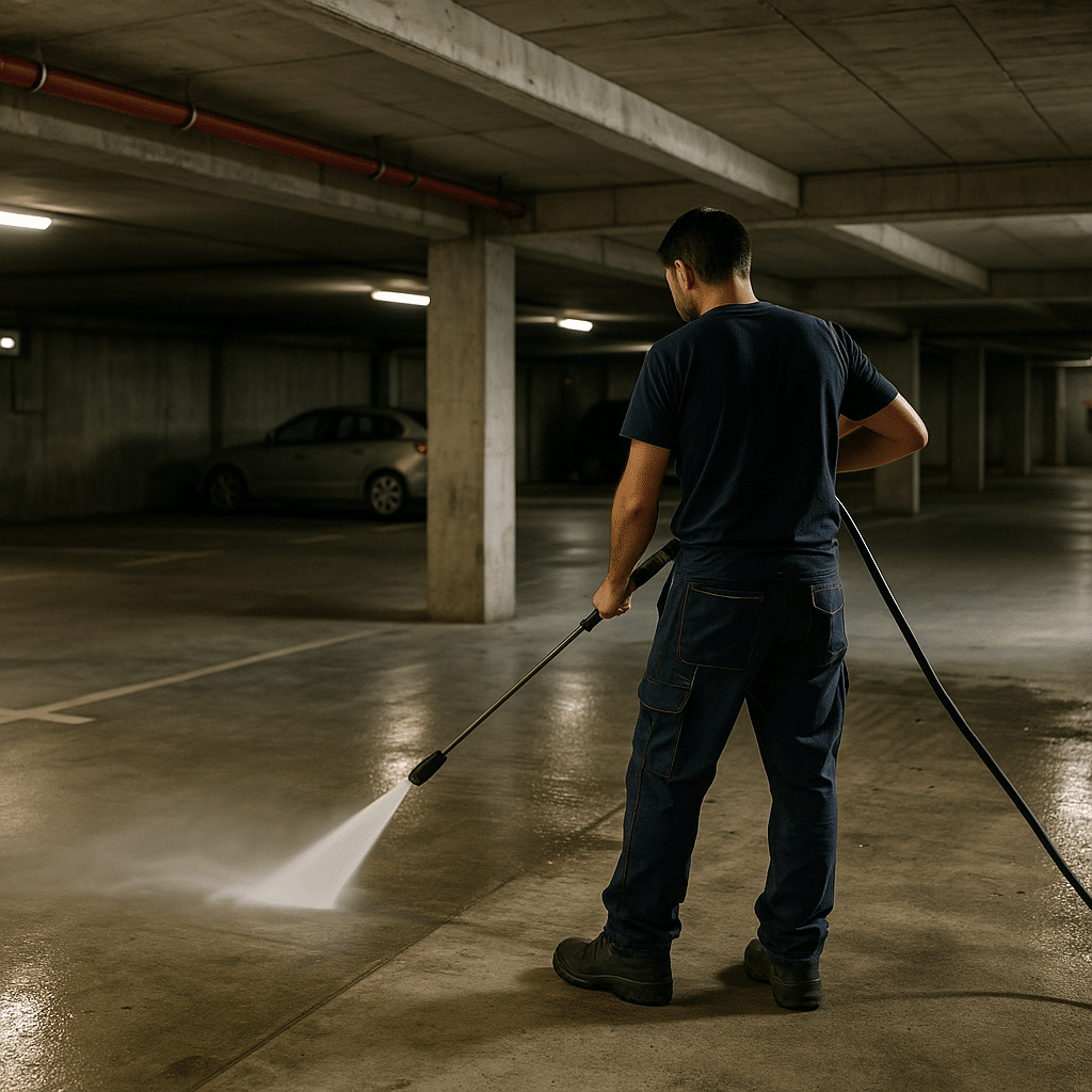 agent réalisant un nettoyage de parking à Paris au karcher haute pression