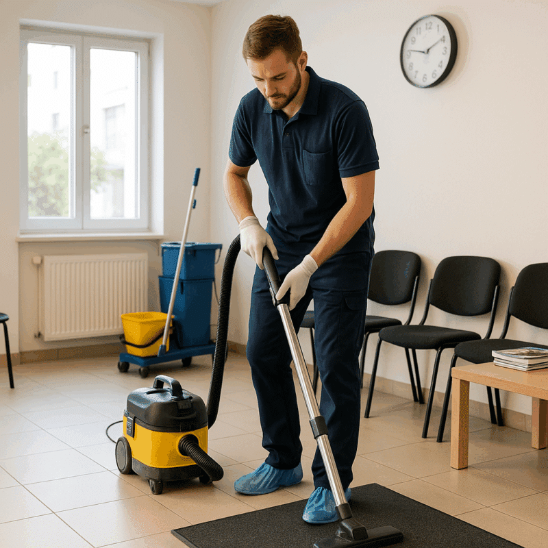 Agent d’entretien aspirant le sol d’une salle d’attente médicale avec matériel professionnel
