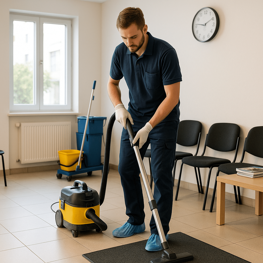 Nettoyage d’une salle d’attente médicale Agent d’entretien aspirant le sol d’une salle d’attente médicale avec matériel professionnel