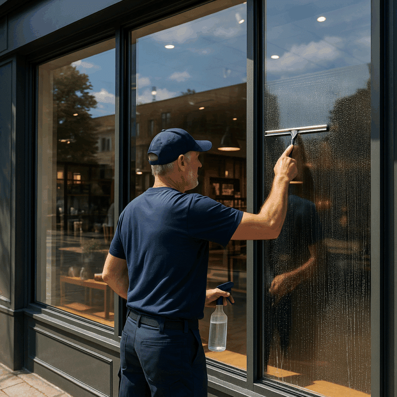 Nettoyage de vitres commerciales d’une grande vitrine par un professionnel OptimusClean.