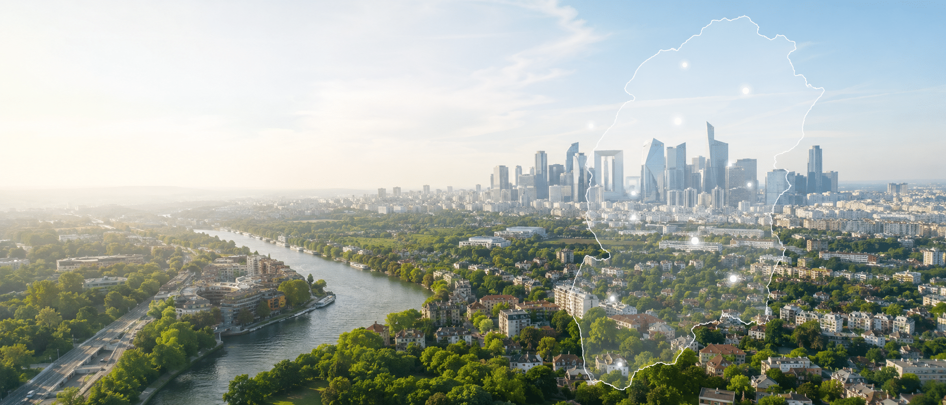 Entreprise de nettoyage Hauts-de-Seine illustrée par une vue panoramique du 92 avec la Seine et le quartier de La Défense