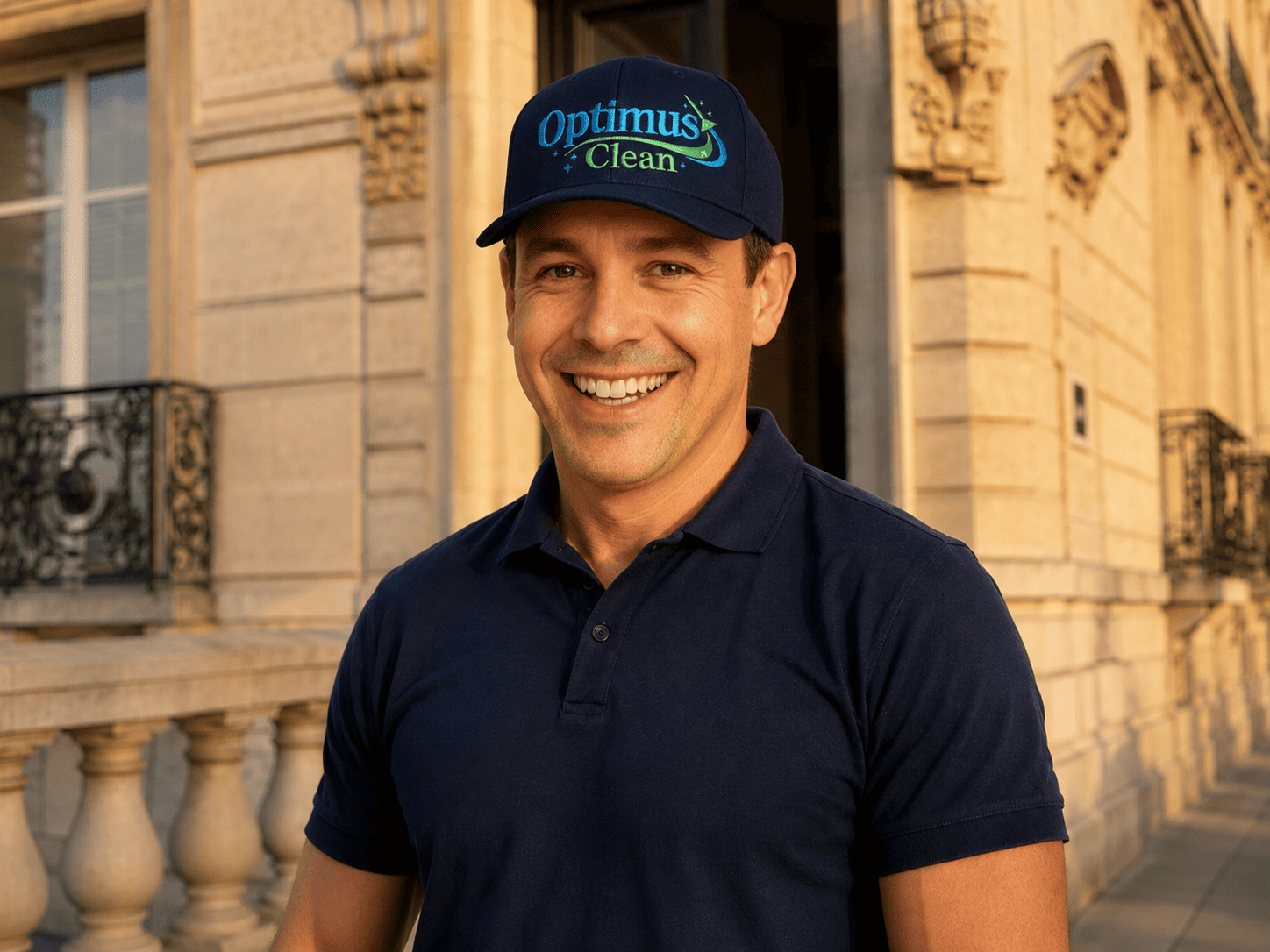 Dirigeant OptimusClean en polo bleu marine devant un immeuble haussmannien à Paris A propos d’OptimusClean avec son dirigeant devant un immeuble haussmannien à Paris