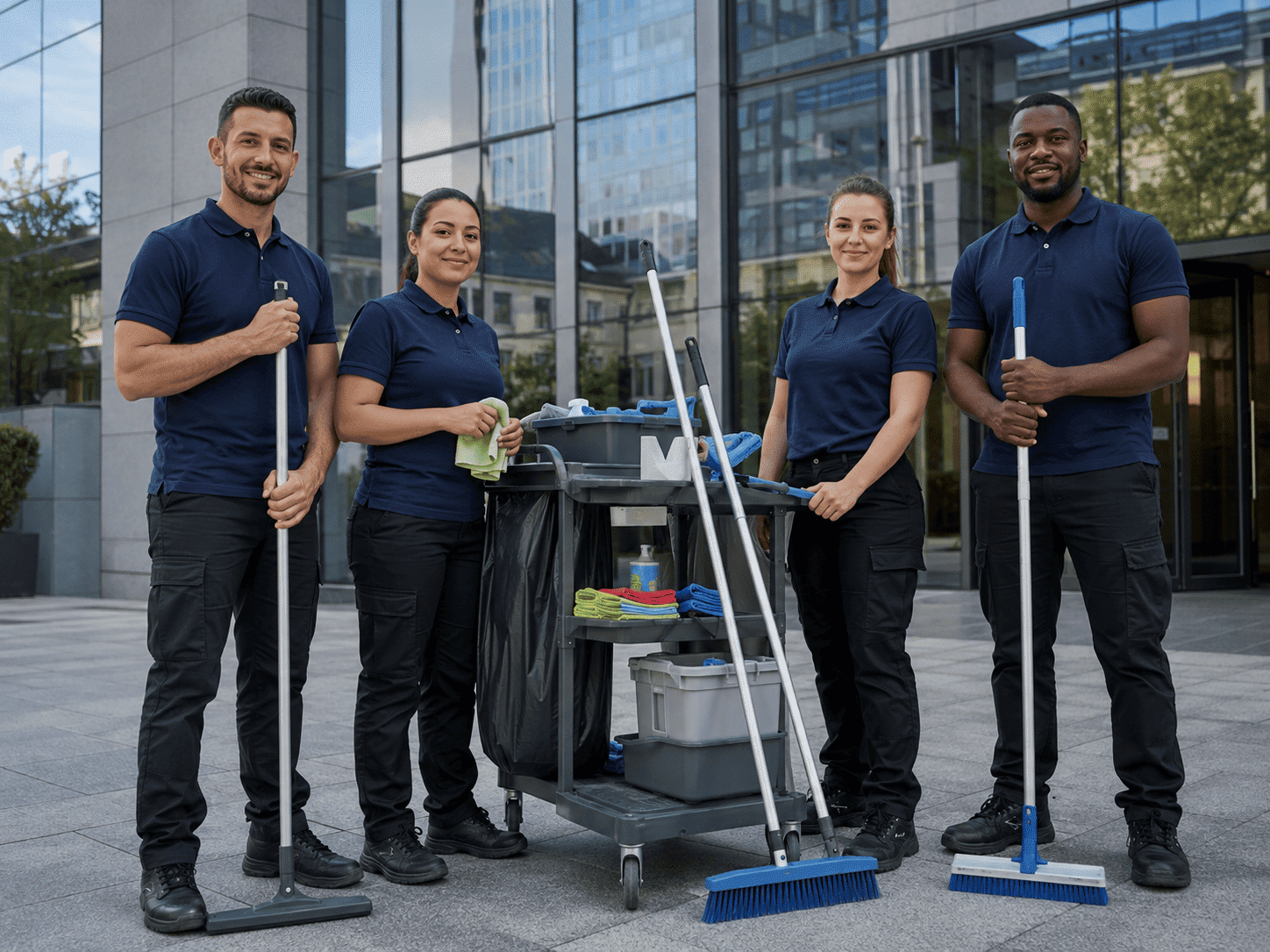 A propos d’OptimusClean avec une équipe professionnelle devant un immeuble de bureaux A propos d’OptimusClean avec une équipe professionnelle devant un immeuble de bureaux