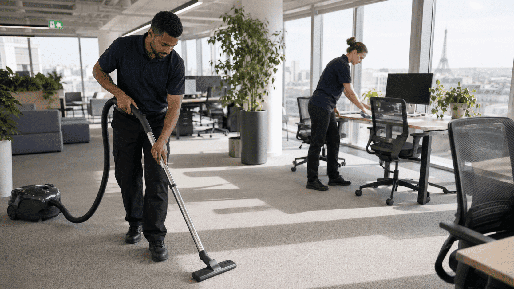 A propos du métier OptimusClean avec équipe en intervention dans un open-space A propos du métier OptimusClean avec équipe en intervention dans un open-space
