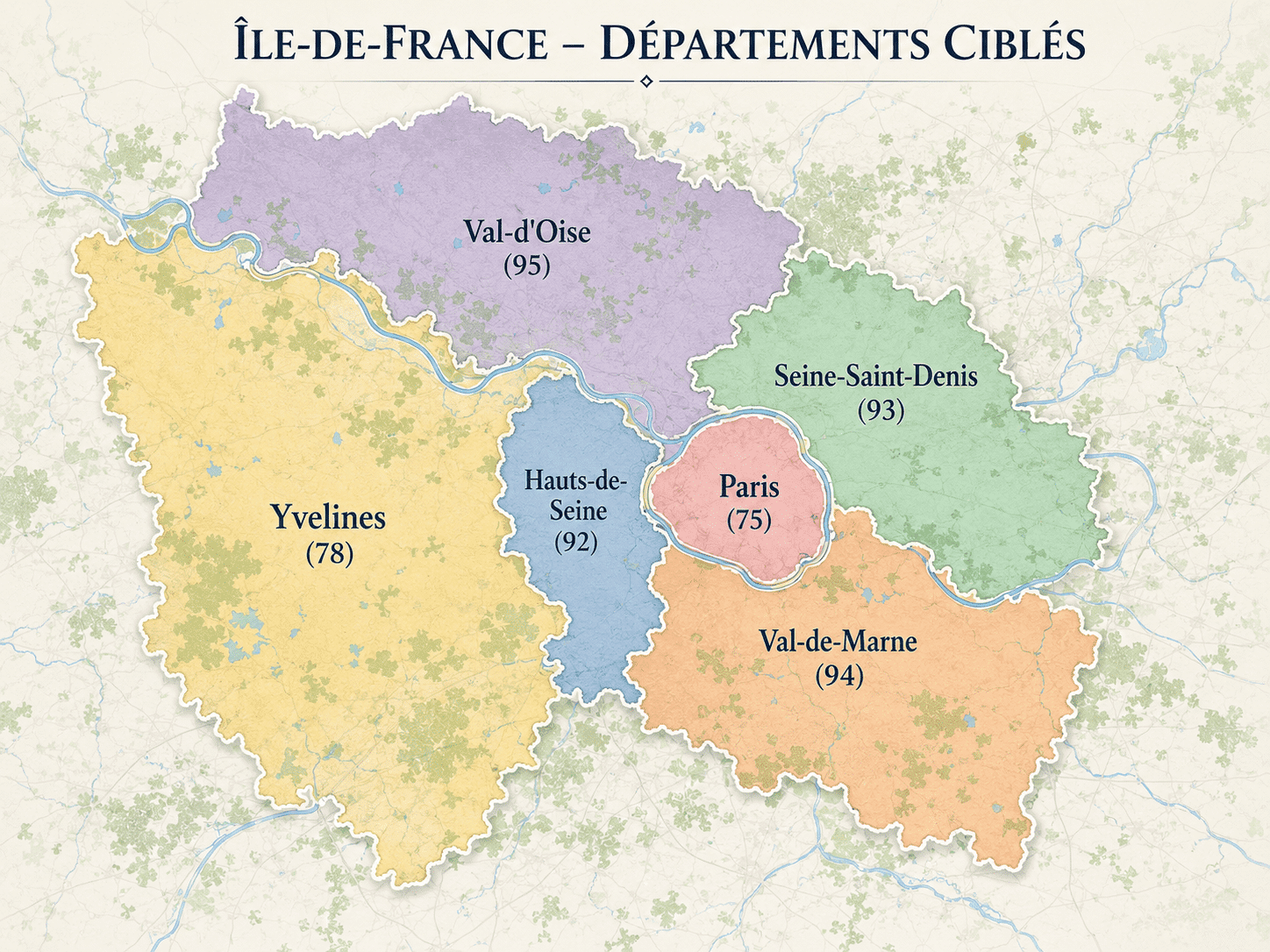 Entreprise de nettoyage Île-de-France avec carte des départements ciblés Paris Yvelines Hauts-de-Seine Seine-Saint-Denis Val-de-Marne et Val-d'Oise