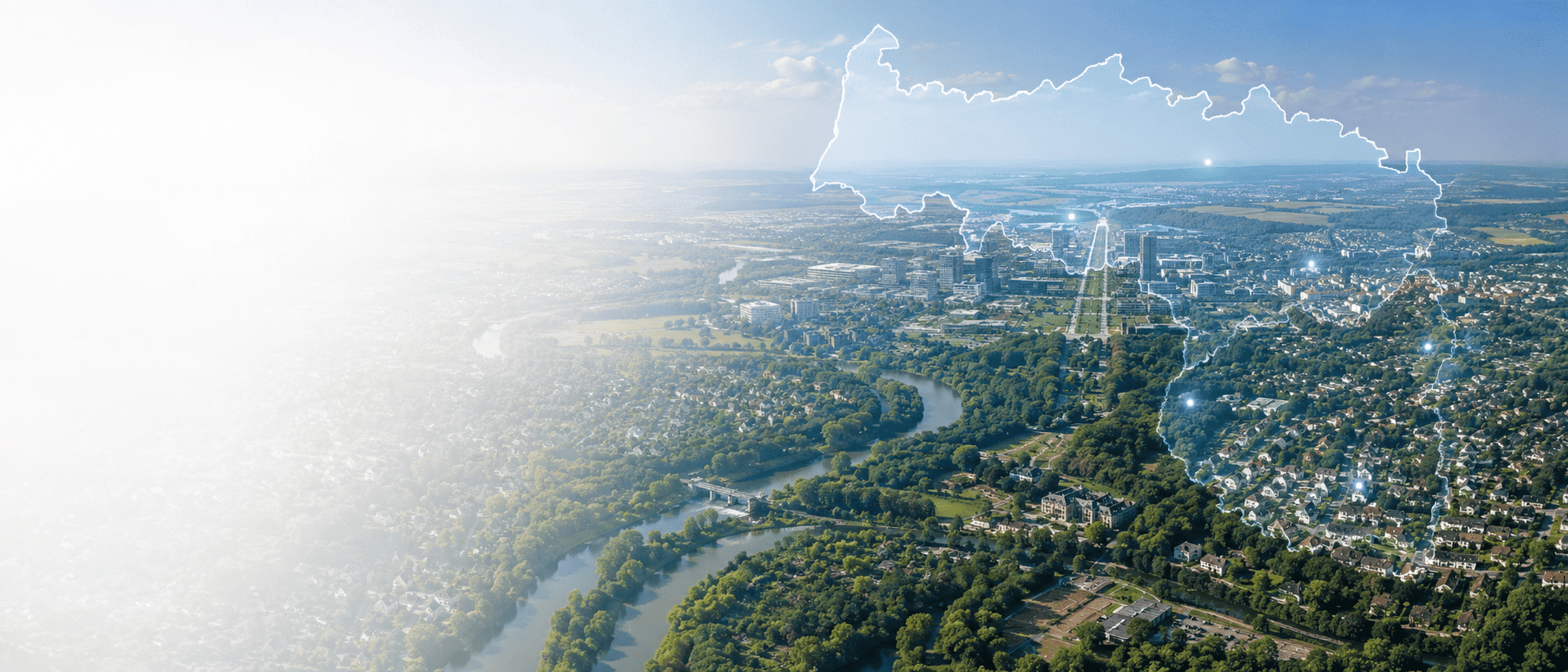 Entreprise de nettoyage Val-d’Oise avec vue panoramique du département 95, espaces verts, rivière et zones urbaines