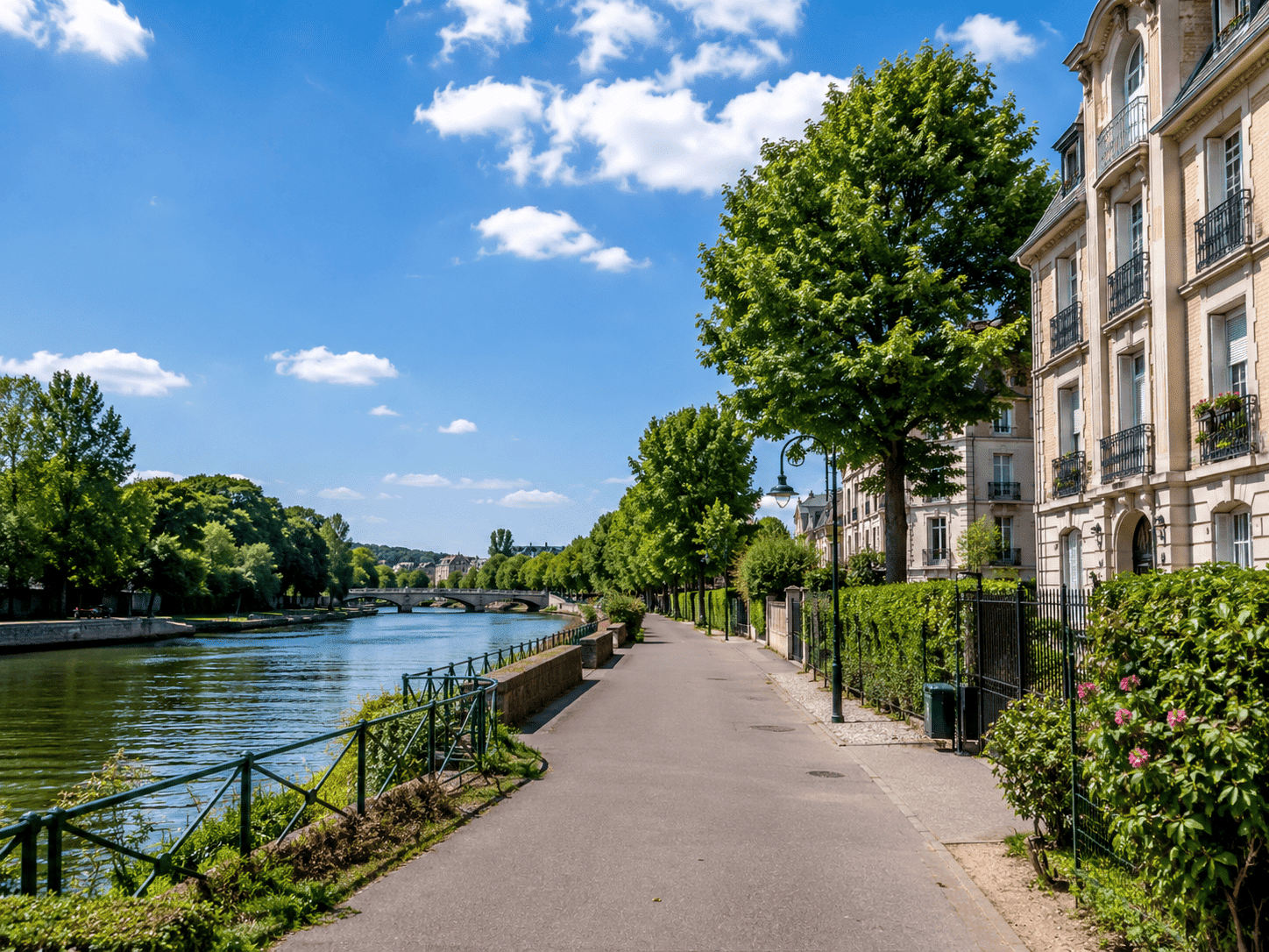 Entreprise de nettoyage Val-de-Marne dans un environnement résidentiel propre avec promenade arborée et bord de Marne
