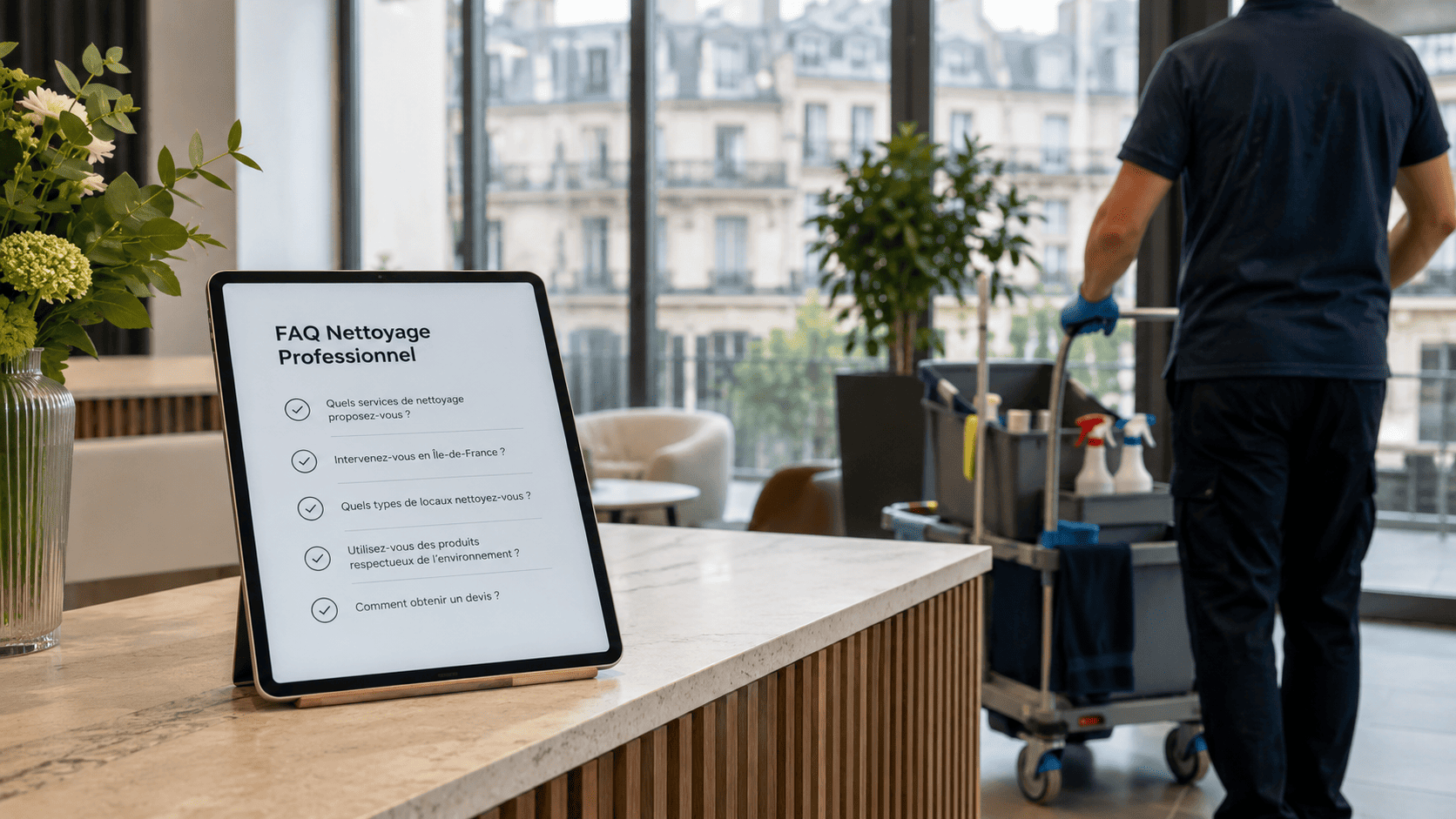 FAQ nettoyage professionnel Paris & Île-de-France – OptimusClean FAQ nettoyage professionnel à Paris et en Île-de-France avec tablette et matériel d’entretien