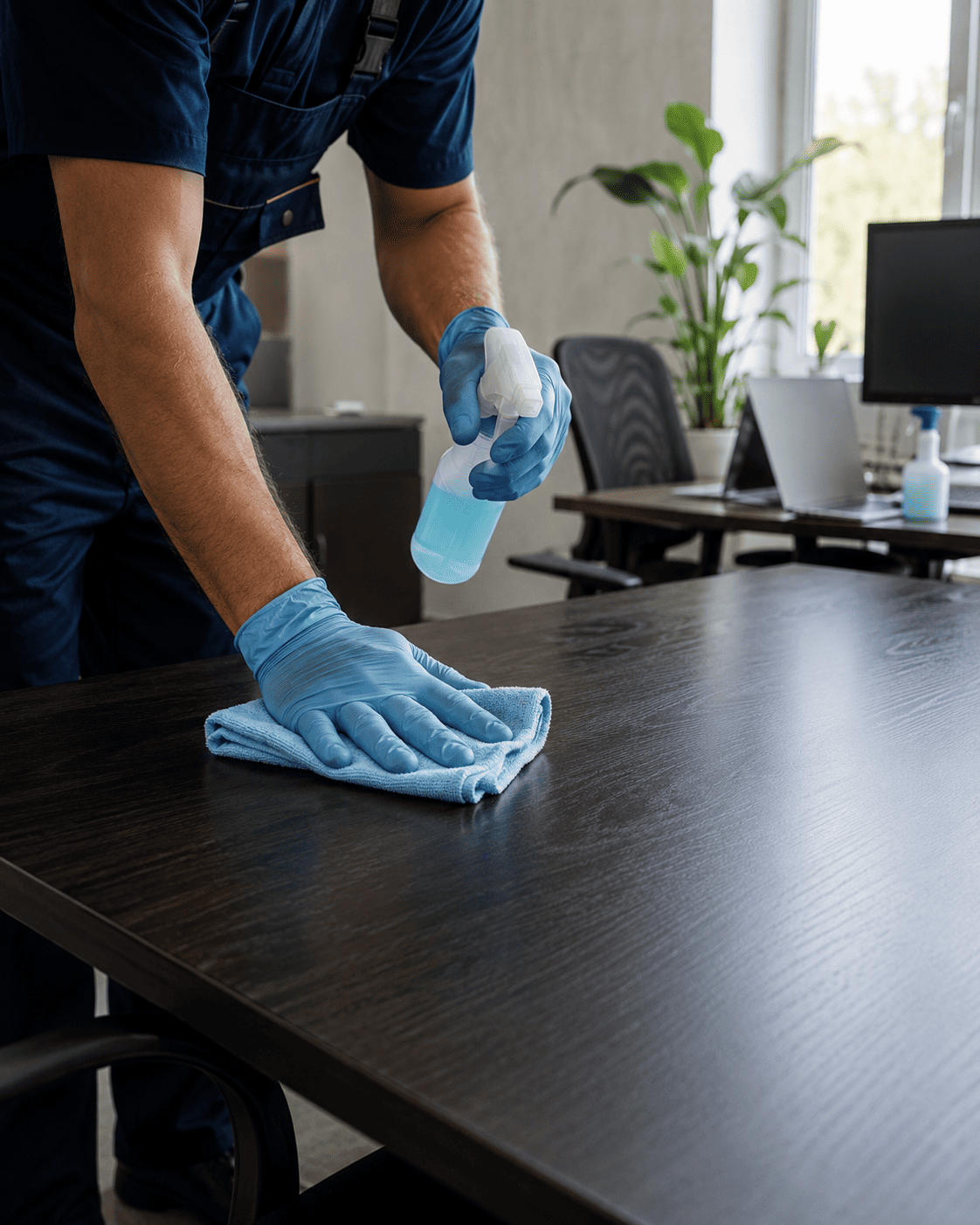 Nettoyage et désinfection d’une table de bureau en entreprise avec chiffon microfibre et spray nettoyant