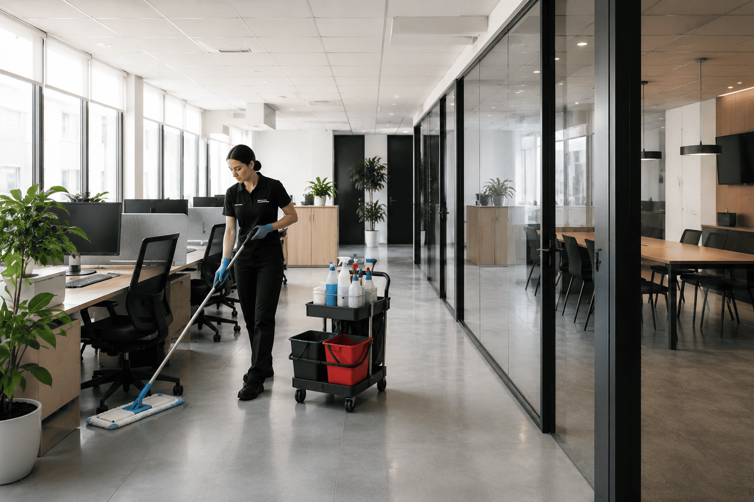 Nettoyage professionnel de bureaux à Paris et en Île-de-France Nettoyage de bureaux à Paris et en Île-de-France avec agent d’entretien dans un open space moderne