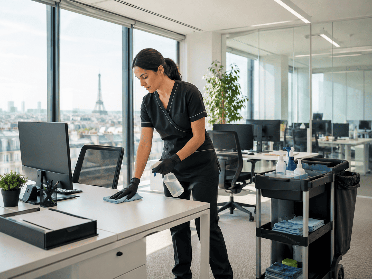 Nettoyage de bureaux à Paris avec vue sur la Tour Eiffel Nettoyage de bureaux à Paris dans un espace de travail moderne avec agent d’entretien et chariot de ménage