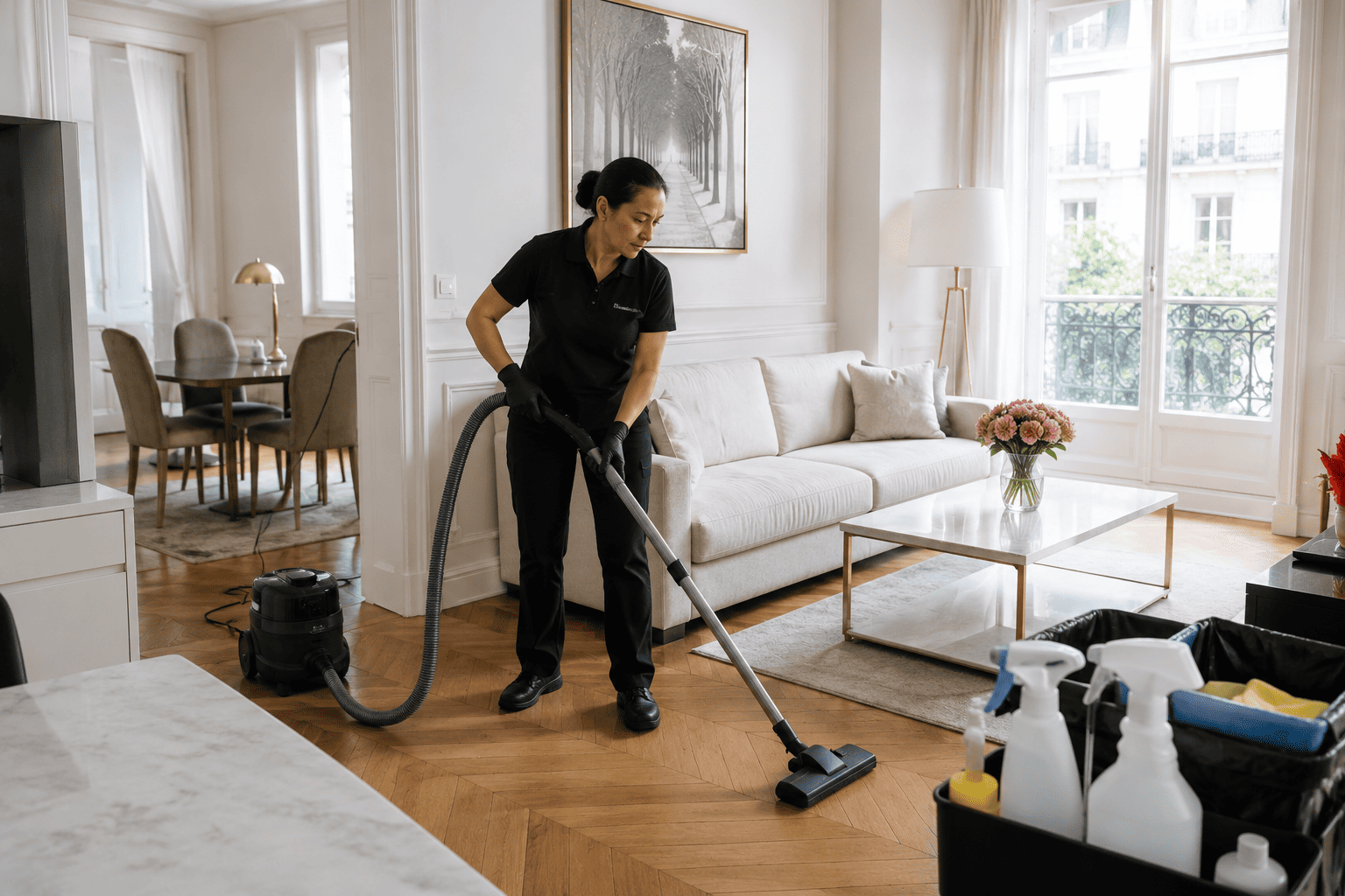 Nettoyage de logement à Paris avec service professionnel à domicile Nettoyage de logement à Paris et en Île-de-France avec agent d’entretien dans un appartement moderne