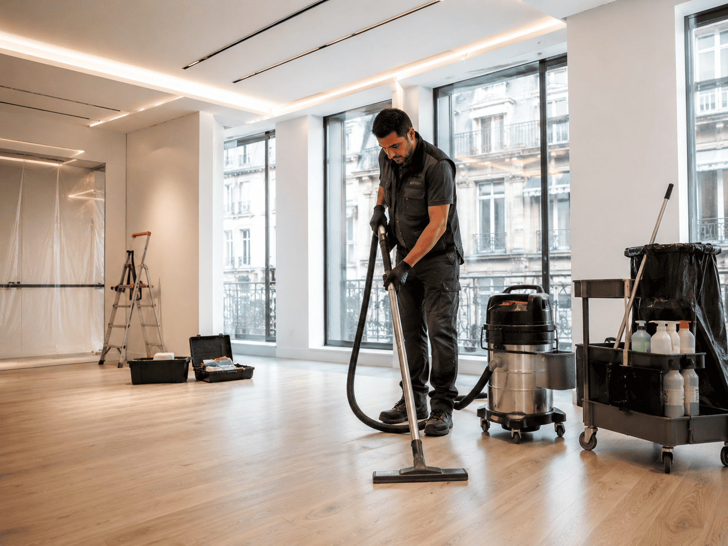 Nettoyage spécialisé et fin de chantier à Paris Nettoyage spécialisé à Paris après travaux avec agent professionnel, aspirateur industriel et matériel technique