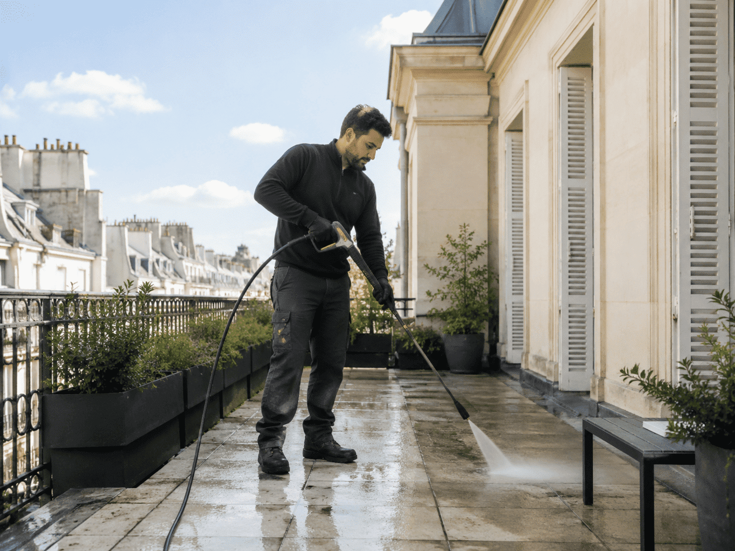 Nettoyage de terrasse au karcher à Paris et en Île-de-France Nettoyage haute pression d’une terrasse à Paris avec agent utilisant un karcher